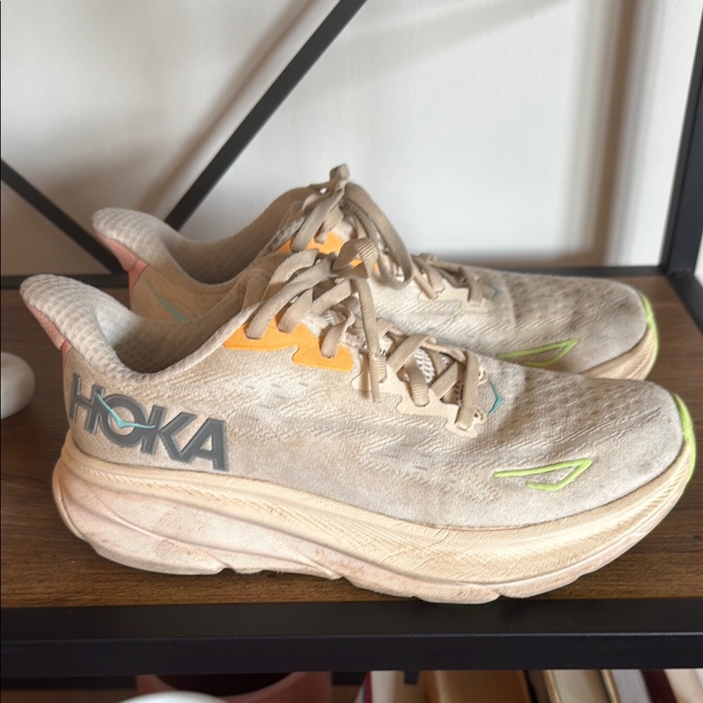 Hoka Beige Clifton 9 Running Shoes with Neon Accents
